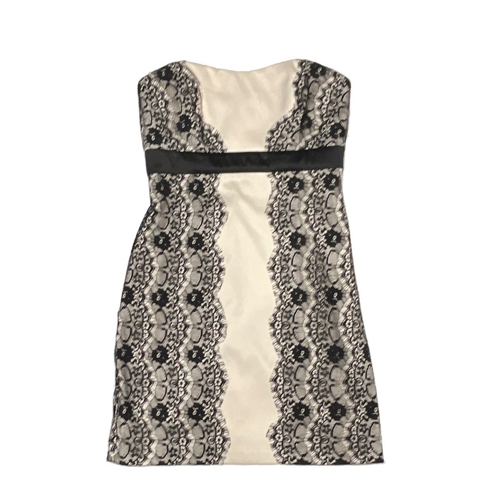 Max and Cleo Strapless Lace Trim Satin Cocktail Dress Cream Black Y2K Size 4 - Picture 2 of 7
